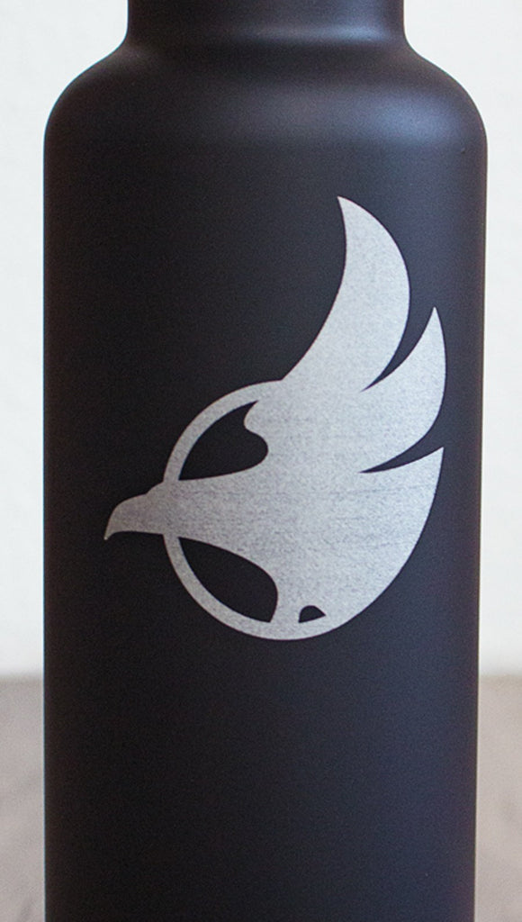 Closeup of black water bottle with Eagle Rock Werkshop logo.